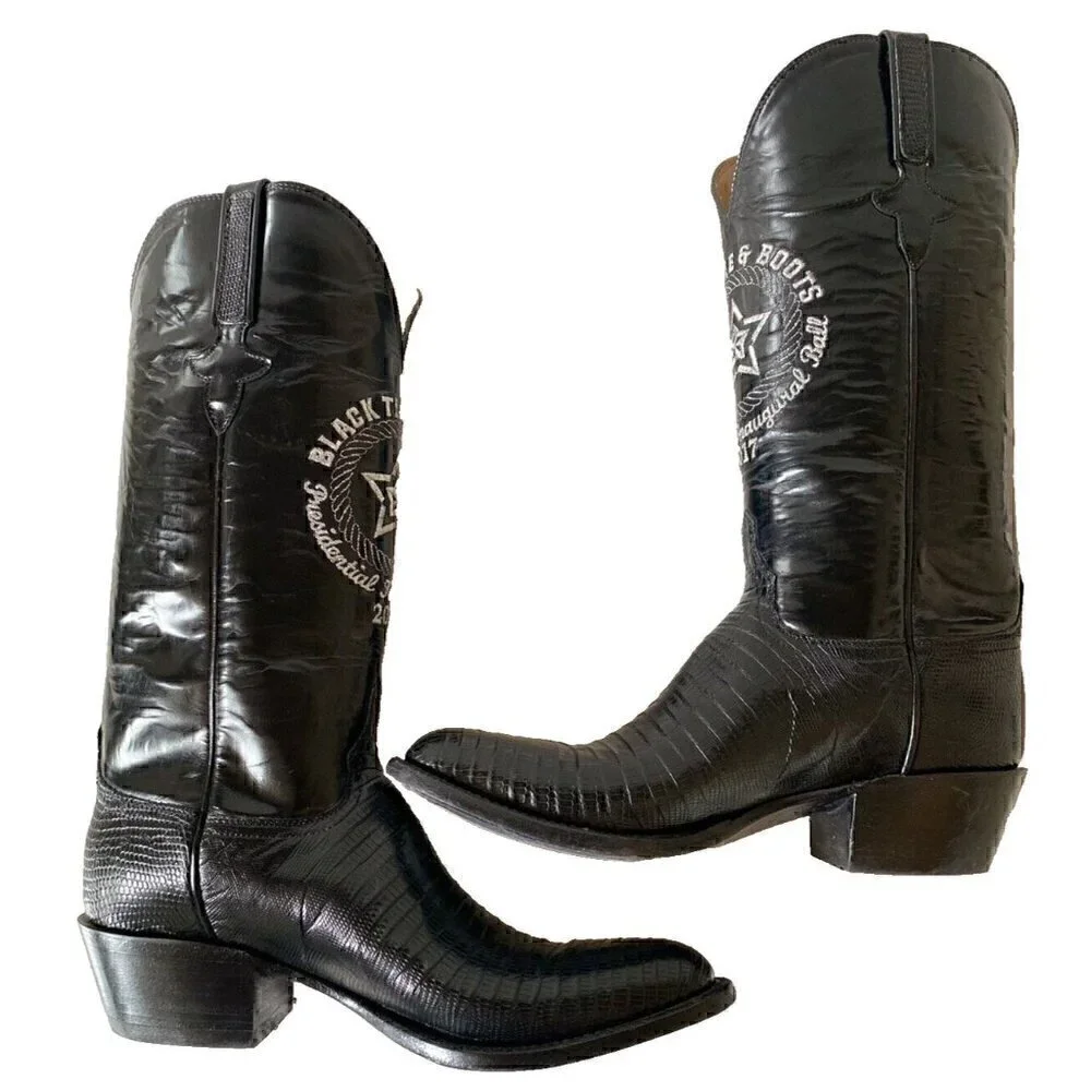 Lucchese‎ Embroidered Texas Star Exotic Lizard Boots Mens 9.5B Black USA